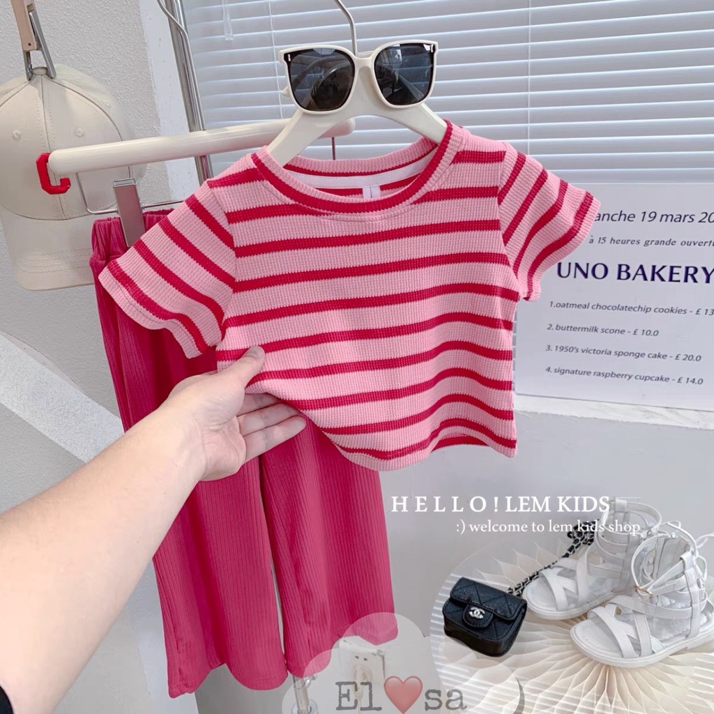 Quần áo bé gái- Set Áo Croptop Kẻ Hồng Kèm Quần Ống Xuông Xinh Xắn Cho Bé 1-8 Tuổi