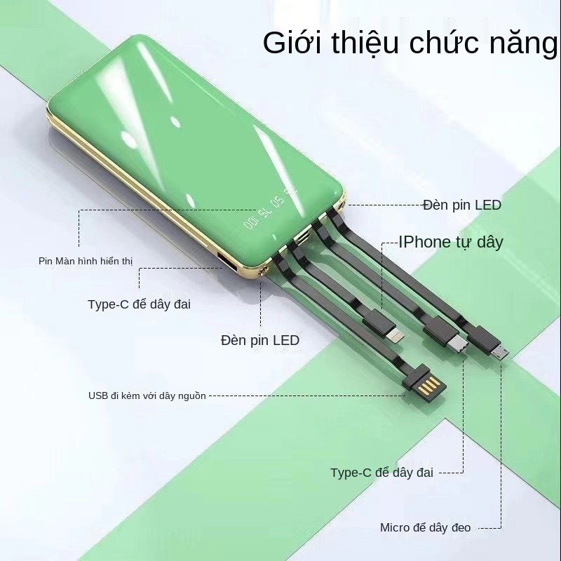 Pin dự phòng 10.000 mAh, nhỏ, dung lượng lớn, sạc nhanh, dây mini bền bỉ, Huawei OPPO, Apple vivo vạn năng