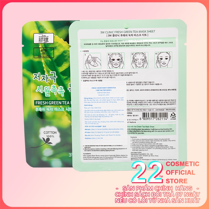 (😚HOT SALES😋) COMBO 10 Mặt nạ dưỡng da chiết xuất từ trà xanh 3W CLINIC FRESH ALOE MASK SHEET 23ml