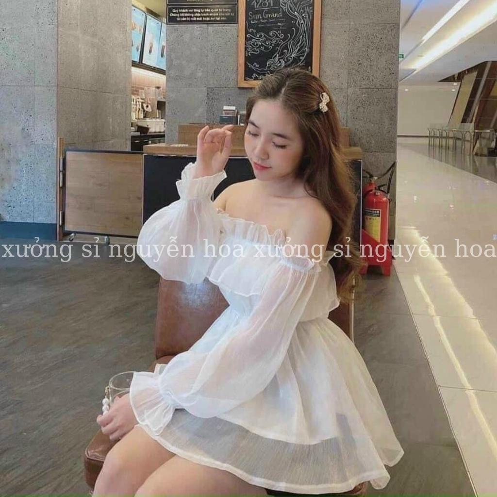 Áo babydoll trễ vai trắng chất voan tơ lụa 2 lớp phong cách tiểu thư dễ thương Xưởng Sỉ Nguyễn Hoa