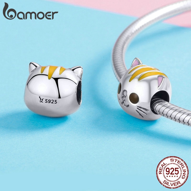 Hạt Charm Bamoer Hình Mèo Xinh Xắn Gắn Vòng Tay/Dây Chuyền Dành Cho Nữ Chất Liệu Bạc 925