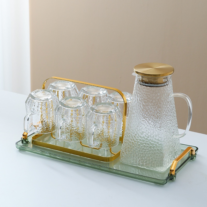 Bình nước thủy tinh, bộ bình nước loe sần 6 cốc kèm khay và giá úp - VS321