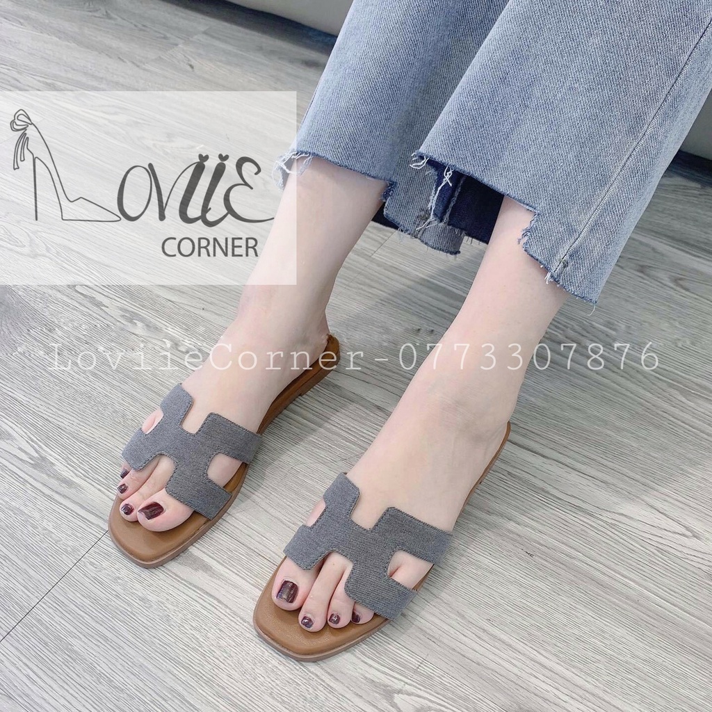 DÉP NỮ THỜI TRANG LOVIIECORNER HÀNG ĐẸP - DÉP LÊ CHỮ H ĐẾ BỆT CHÁT DA XỊN VẢI KAKI  D210707