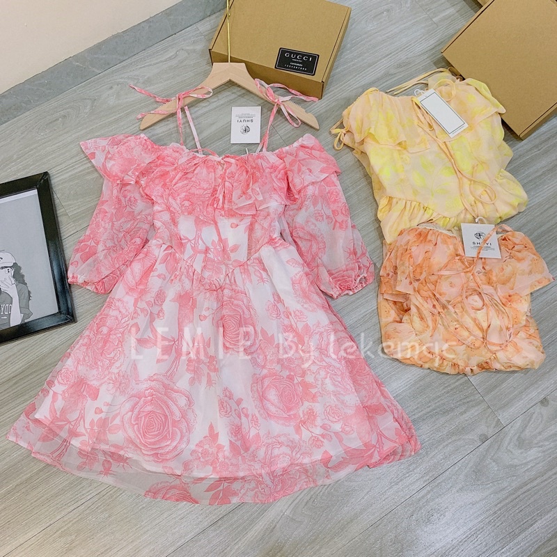 SẴN HÀNG Váy Hoa Ngắn Trễ Vai V22, Đầm Xòe Hoa Dài Tay Phong Cách Tiểu Thư Vải Voan Hoa Cam , Hoa Hồng LEMIE by lekemqc