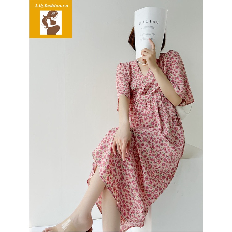 Váy đầm bầu hoa nhí hồng thiết kế công sở, dự tiệc cho mẹ bầu phong cách hàn quốc sang trọng lịch sự mới mùa hè