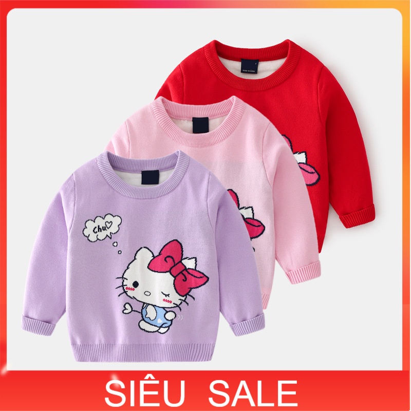 Áo len cho bé gái xuất Hàn 3-9 tuổi 2 lớp hình kitty nhiều màu, Áo len trẻ em nữ đanh sợi không bai xù