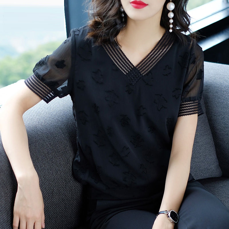 Áo Sơ Mi Chiffon Cổ V Tay Ngắn Dáng Rộng Thời Trang Mùa Hè Cho Nữ