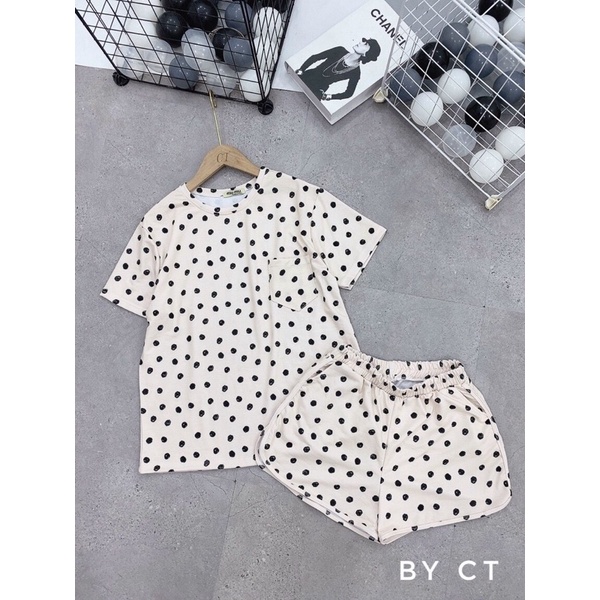 [XẢ KHO] Set mặc nhà chấm bi cộc đùi màu be chất cotton thoáng mát