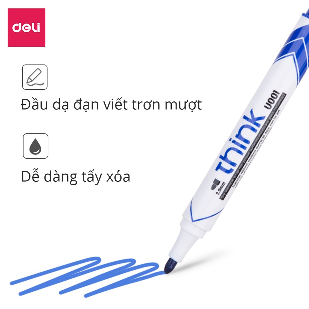 Bút lông viết bảng trắng xóa được Deli mực xanh đen đỏ loại to tiện dụng an toàn không độc hại