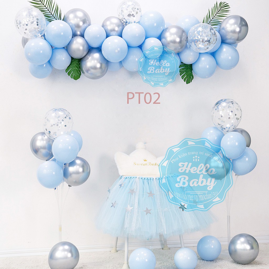 Set bóng trang trí màu pastel kết hợp màu chrome (Có trụ giả bóng bay