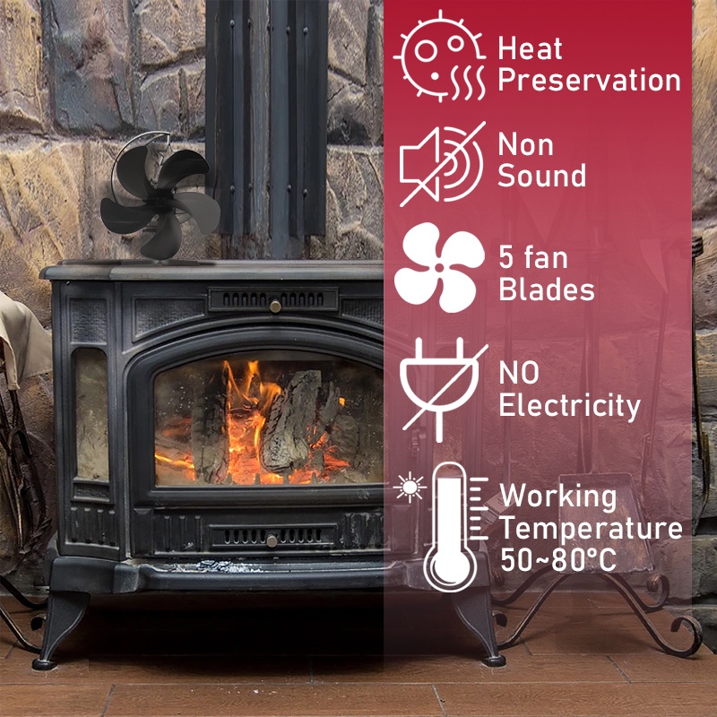 Trang chủ mới Quạt bếp lò sưởi Màu đen 5 cánh Quạt hỗ trợ nhiệt Yên tĩnh Phân phối nhiệt hiệu quả cho Lò đốt gỗ Lò sưởi mùa đông