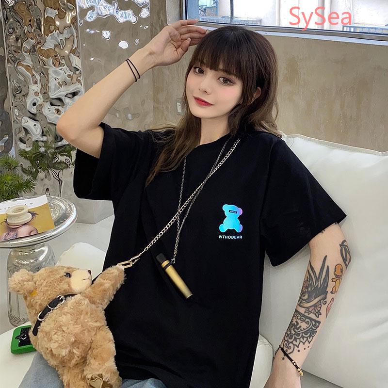 Áo Thun Cotton Tay Ngắn Dáng Rộng In Hình Gấu Phản Quang Độc Đáo Hợp Thời Trang