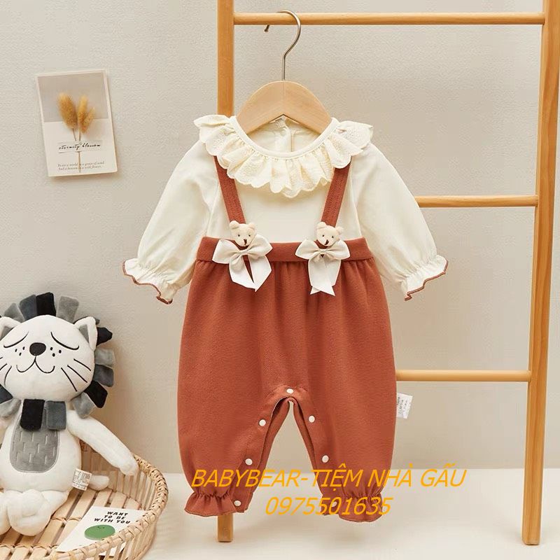 Body gắn nơ gấu bé gái xinh xắn đáng yêu dài tay dài chân chất liệu len tăm cao cấp cho bé