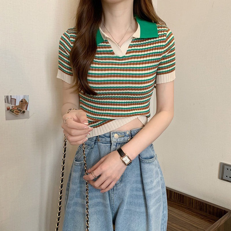 Áo Thun POLO Dệt Kim Tay Ngắn Kẻ Sọc Màu Sắc Tương Phản Dễ Thương