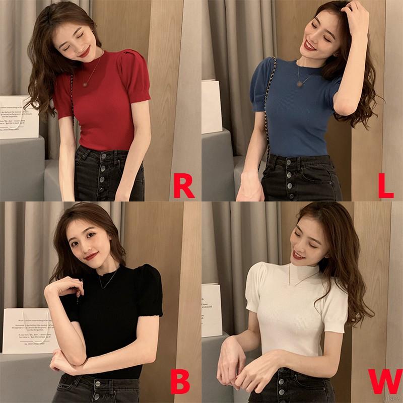 Áo Dệt Kim Tay Phồng Cổ Lọ Màu Trơn Phong Cách Hàn Quốc Dành Cho Nữ