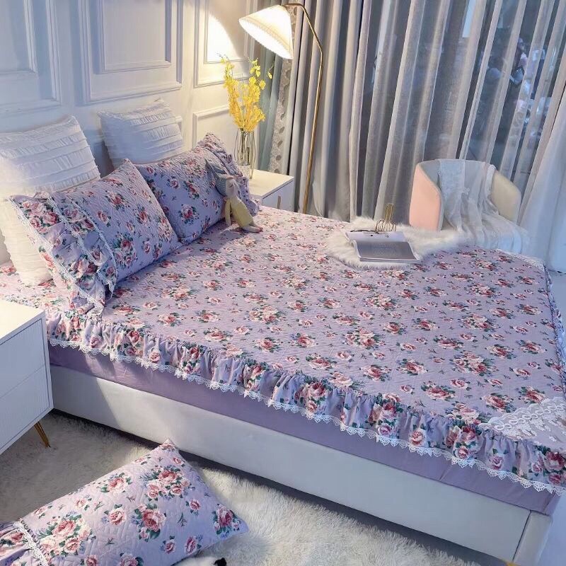 Bô ga gối bo chun chun trần bông bèo ren 3 lớp - set 3 món