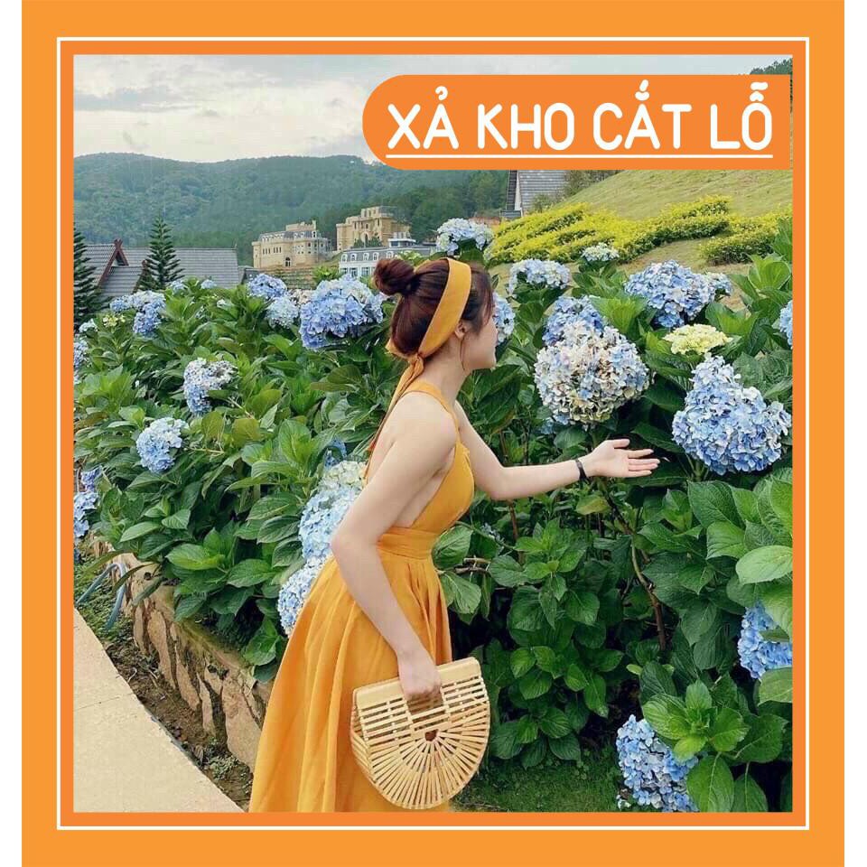 VAY DU TIEC (SALENEW)váy maxy vàng hở lưng kèm băng đô mặc đi chơi chụp ảnh siêu đẹp luôn ạ.