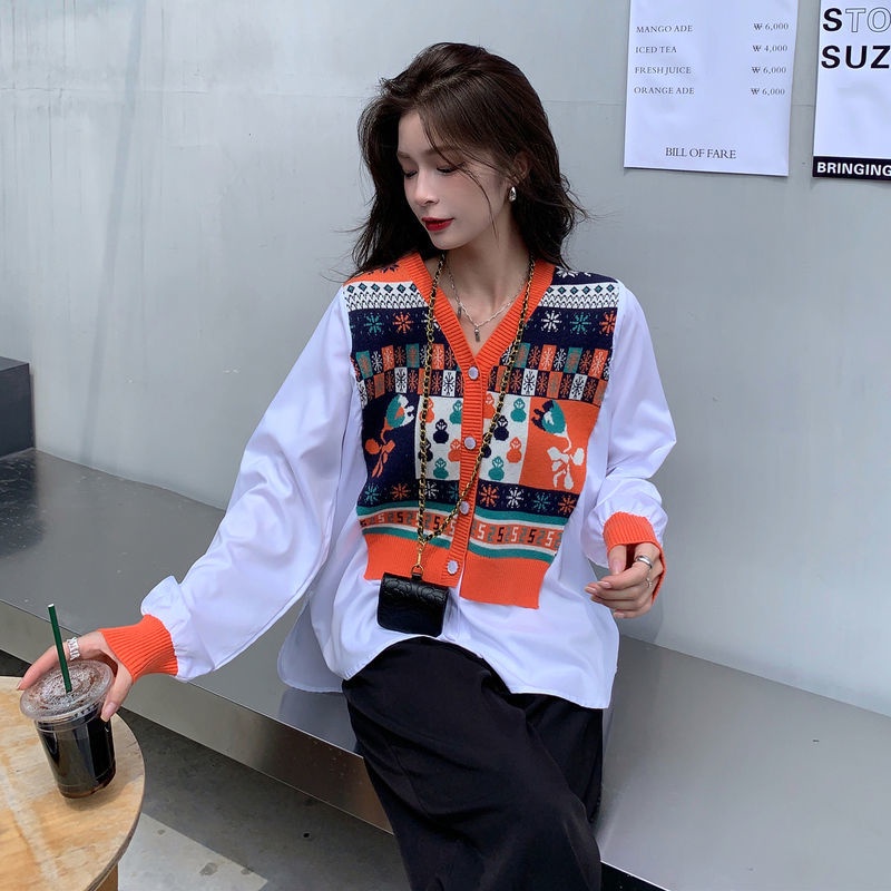 Áo dệt kim nữ tay dài giả hai lớp hàng mới