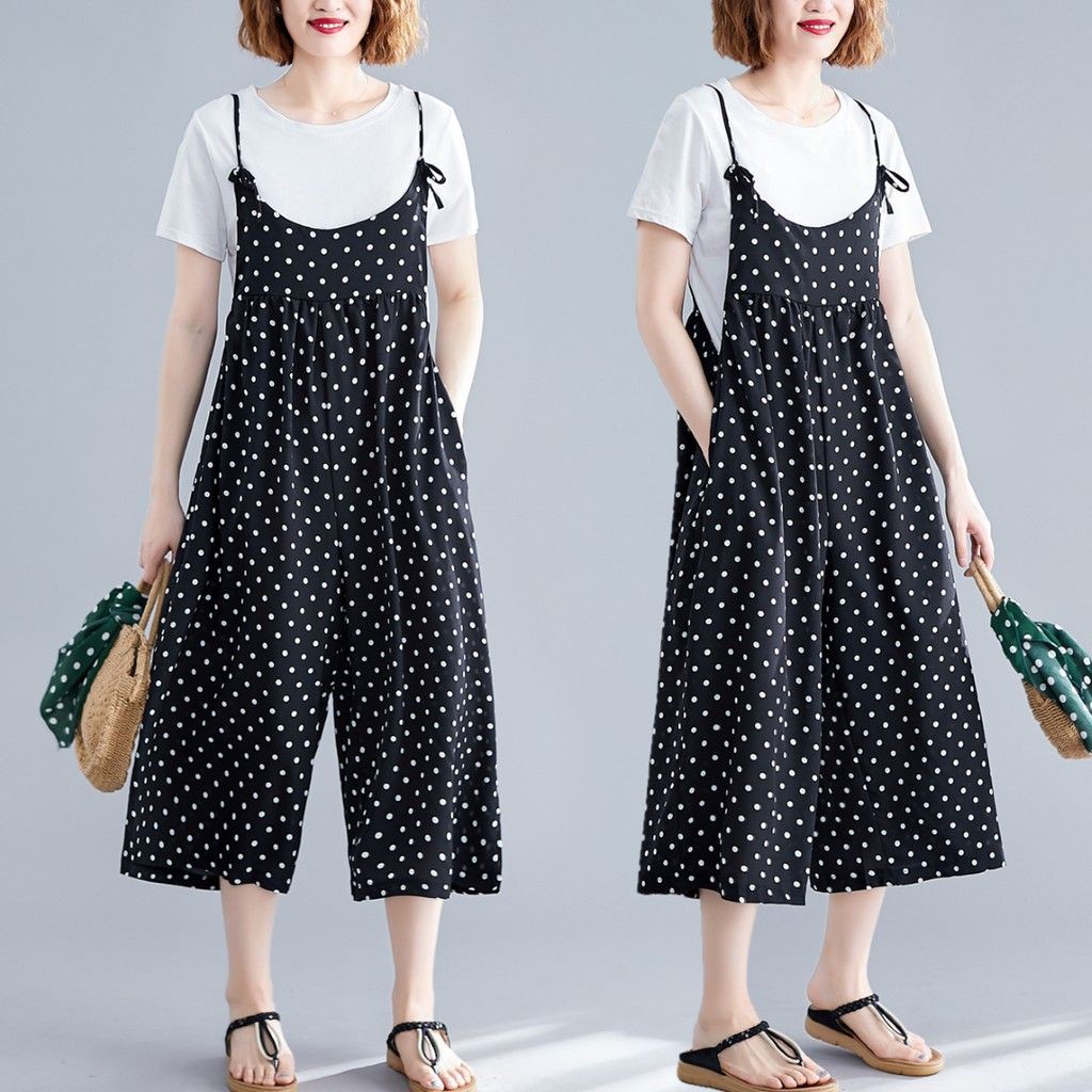 [ORDER] Quần yếm lửng nữ bigsize ống rộng họa tiết chấm bi (fit 75kg) - Có ảnh thật