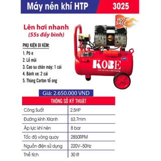 Máy nén khí không dầu KOBE HTP-3025 lên hơi siêu nhanh chỉ 55s 2.5HP 30 lít - Electric24h