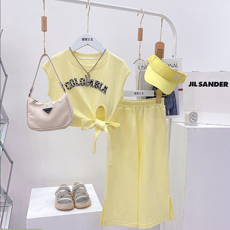 Set Đồ Thể Thao Hai Mảnh Áo Tay Ngắn + Quần Ống Rộng Phong Cách Phương Tây Thời Trang Mùa Hè Cho Bé Gái