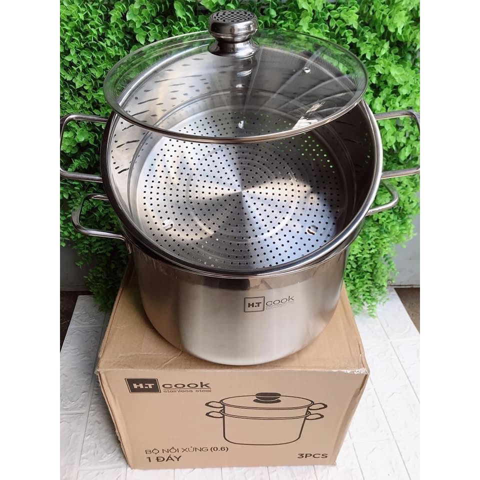 [ảnh thật] Bộ nồi và xửng hấp inox 430 bếp từ 1 đáy HT COOK 28cm nắp kính dùng được bếp từ - bảo hành 1 tháng luôn