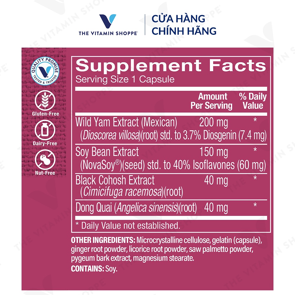 Viên uống cân bằng nội tiết tố nữ The Vitamin Shoppe Phytoestrogen Complex 60 viên