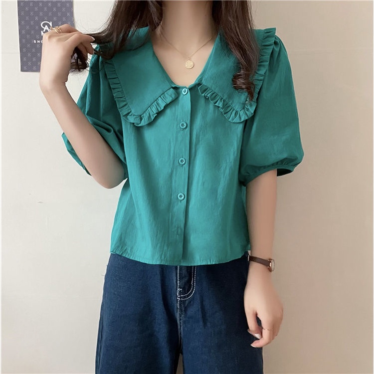 Áo Sơ Mi Tay Ngắn Cổ Búp Bê Phong Cách Pháp 164152 Áo Sơ Mi Màu Sắc Ngọt Ngào Dáng Ôm Phong Cách Phương Tây
