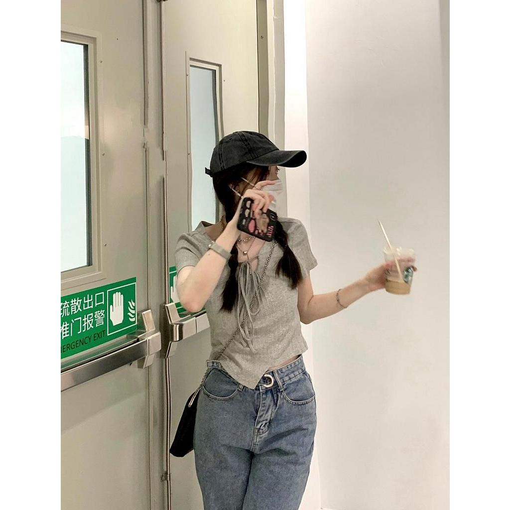 Áo Thun Ngắn Hở Vai Một Bên Vai Buộc Dây Thời Trang Mùa Hè Cho Nữ