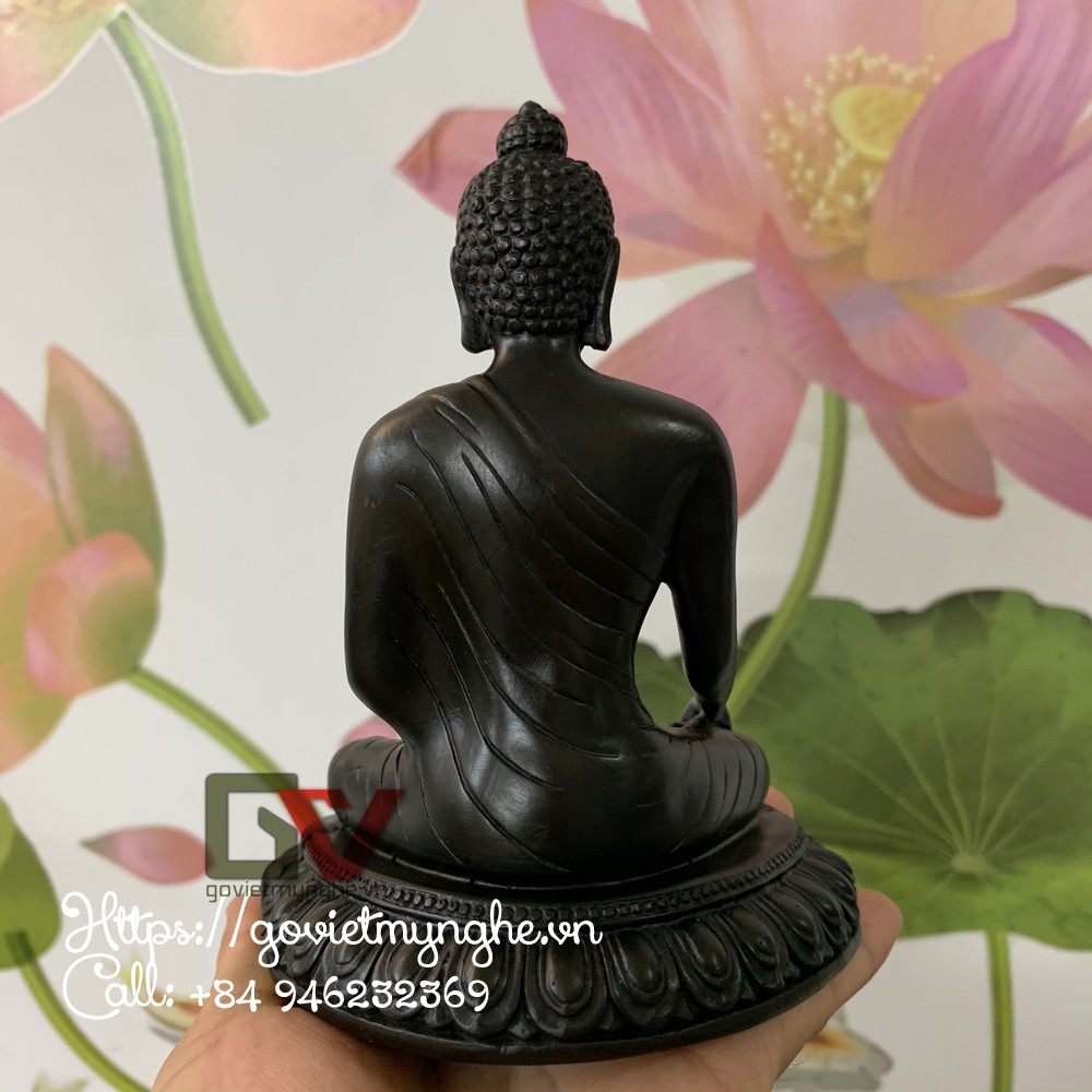 Tượng đá trang trí phòng thờ Đức phật Thích ca ngồi trên tòa sen thiền ấn - Xúc địa ấn | Chiều cao 14cm - Màu nâu đen