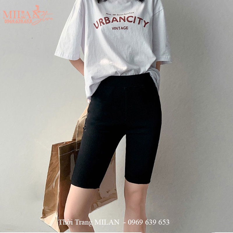 Quần legging lửng nữ trên gối cạp cao gen bụng dáng quần legging ngố đùi ôm bó lưng thun vải cotton co giãn tập gym yoga