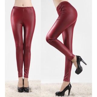 Quần legging chất liệu da PU,co giãn tốt phù hợp 45kg-55kg(Màu đỏ đô như hình)