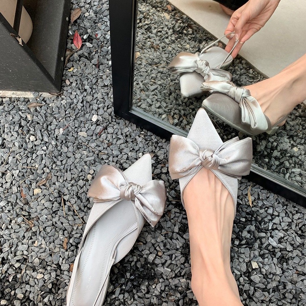 Moonlight lover ~ bowknot silk silk satin thick heel pointed back empty sandals women's shoes NY1A