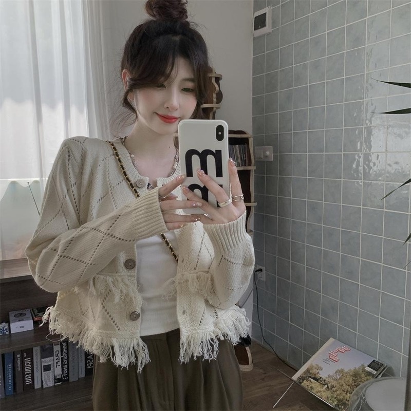 Áo Khoác Cardigan Dệt Kim Mỏng Phối Tua Rua Giả Nhiều Lớp Thời Trang Mùa Thu Cho Nữ