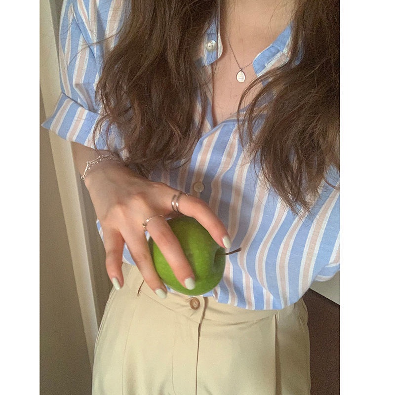 Áo Sơ Mi Tay Ngắn Dáng Rộng Họa Tiết Kẻ Sọc Phong Cách Retro Thời Trang Mùa Hè Cho Nữ