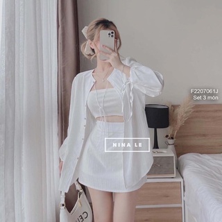 Set 3 món áo sơ mi đũi xốp gân đẹp nơ lưng tay dài áo croptopkèm chân váy