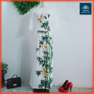 (ANH+VIDEO THẬT) Áo dài trắng in cành trúc của Boonz mềm mại, thướt tha, duyên dáng cho người mặc