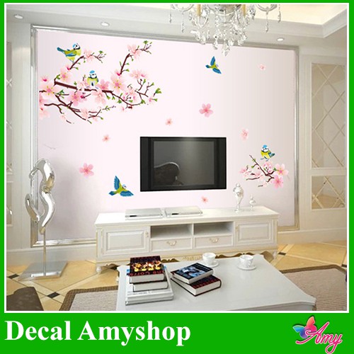 Decal dán tường Đào hồng và chim - DH002 - PVC vinyl