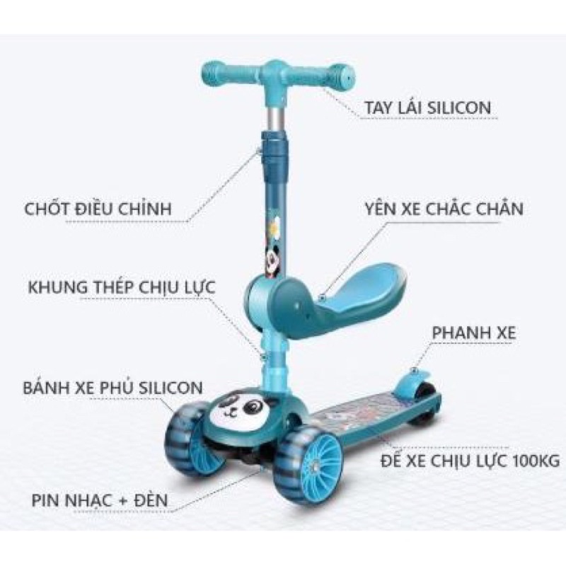 Xe Scooter Cho Bé Hình Gấu Bear Có Nhạc Và Đèn Phát Sáng, Bảo Hành 12 Tháng, Xe Trượt Scooter Cho Bé Chòi Chân