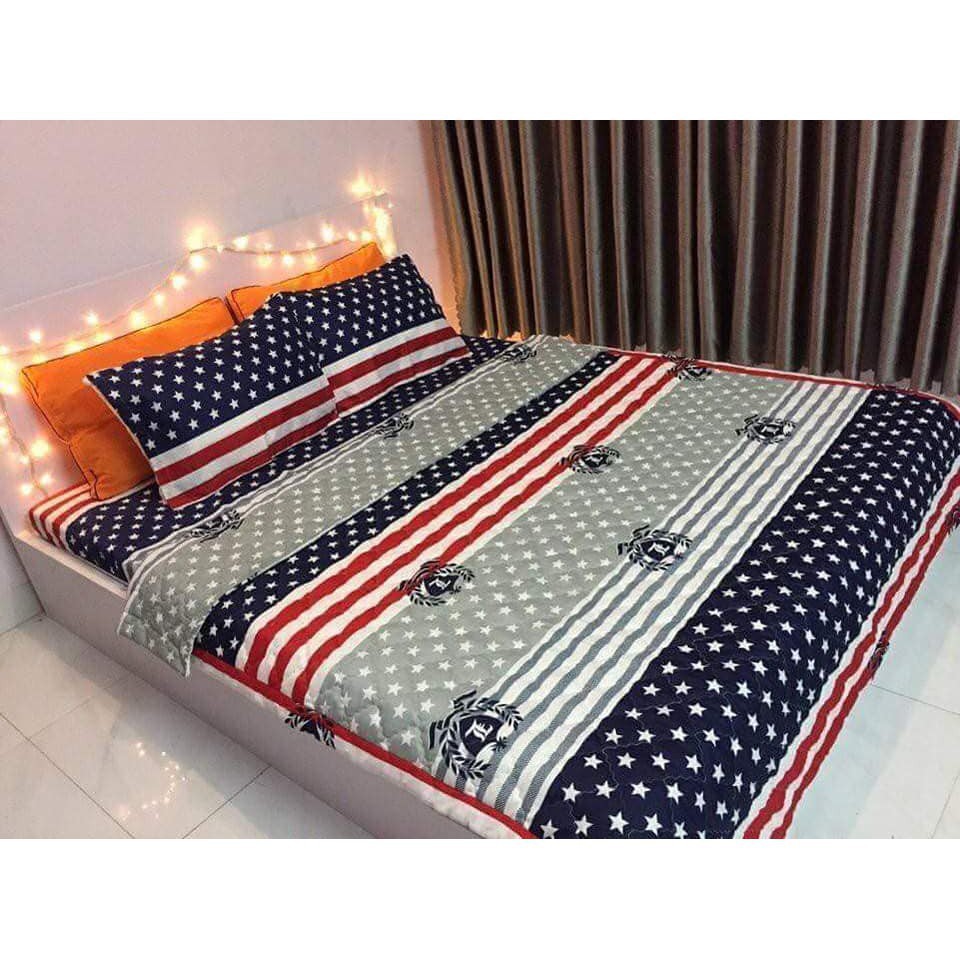 ĐỦ BỘ 5 MÓN CHĂN HÈ TRẦN BÔNG GA GỐI VÀ GỐI ÔM MẪU CỜ MỸ (MẪU MỚI)