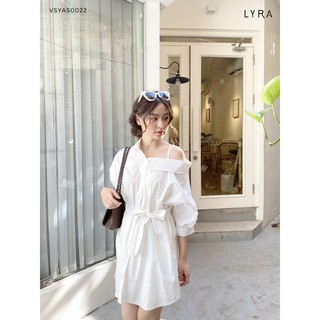 Áo sơ mi nữ trễ vai dáng dài kèm đai LYRA, vải thô mềm cách điệu trơn phong cách Hàn Quốc-LYTVD713
