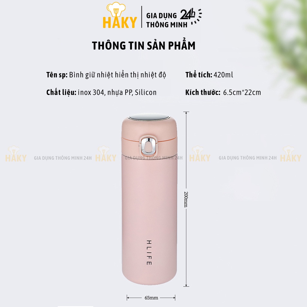 Bình giữ nhiệt hiển thị nhiệt độ nước 420ml HAKY003, inox 304 cao cấp an toàn và bền, giữ nóng lạnh suốt 24h