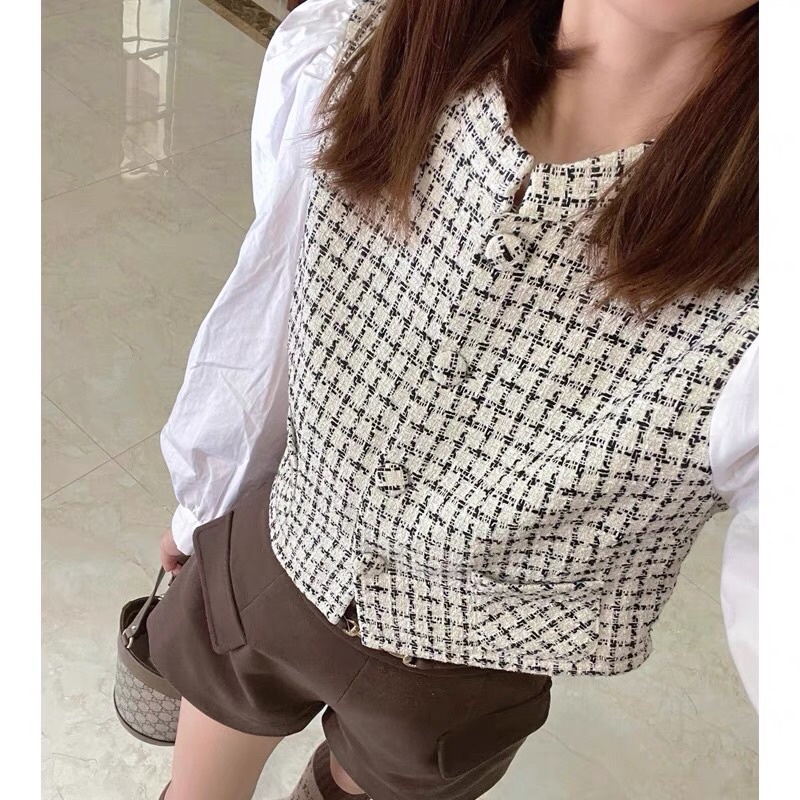 Áo croptop pha tweed tay bồng đẹp