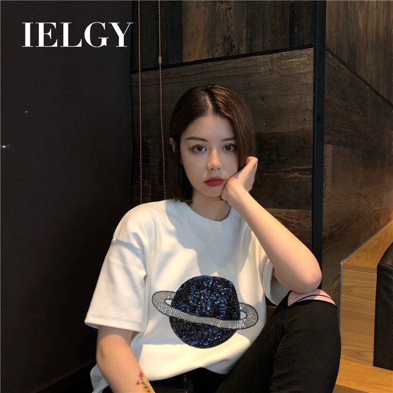 IELGY    Áo Thun Tay Ngắn Dáng Rộng Phong Cách Hong Kong Thời Trang Cho Nữ