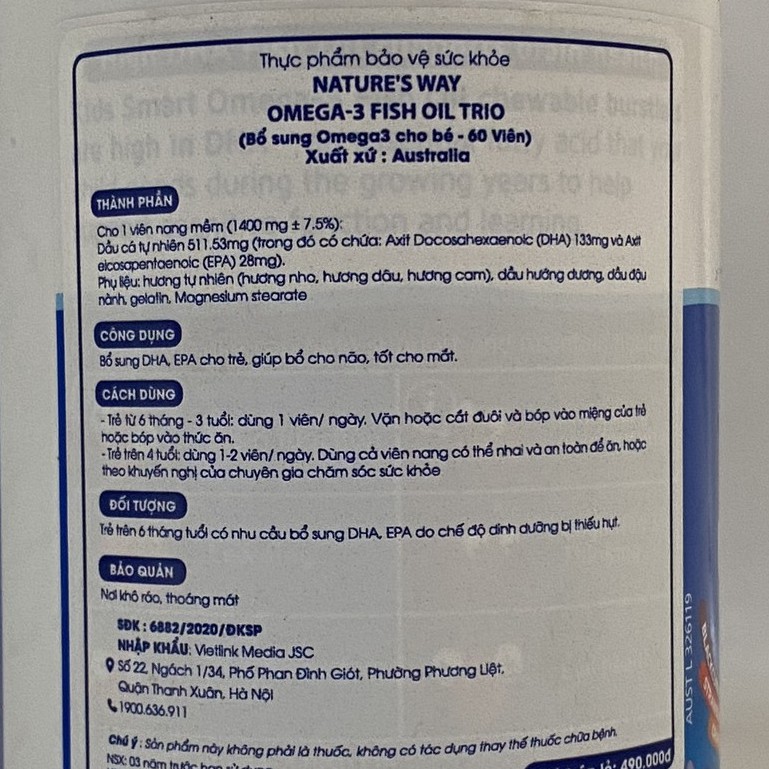 Nature's Way Kids Smart Omega 3 Fish Oil  High DHA Trio - Kẹo Dẻo Dầu Cá Dành Cho Trẻ Nhỏ - Hộp 60 Viên