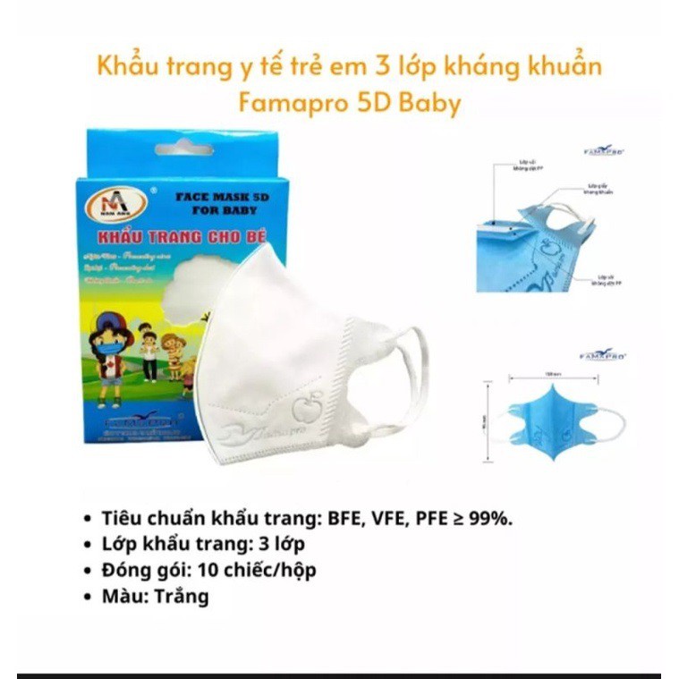 hộp 10 khẩu trang trẻ em- khẩu trang y tế kháng khuẩn trẻ em Famapro 5D Baby Kid