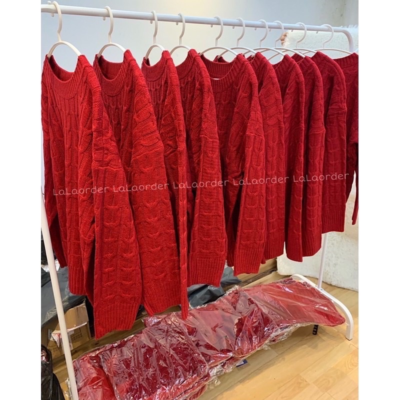 (có ảnh thật) áo len vặn thừng vặn thừng đỏ, giáng sinh, noel dành cho nữ, áo len dáng rộng dày dặn