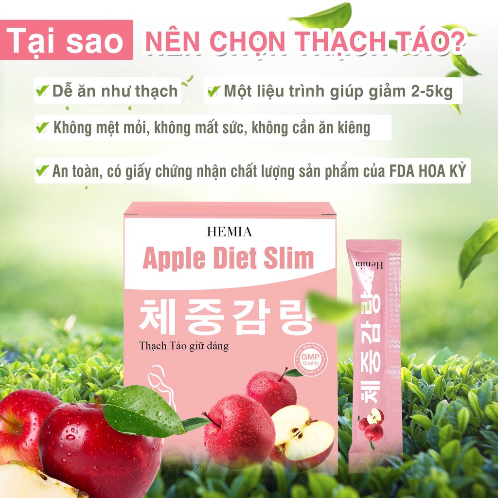 Thạch táo giảm cân Hemia, giảm cân an toàn tại nhà, 1 hộp 10 cái, công nghệ chính hãng Hàn Quốc