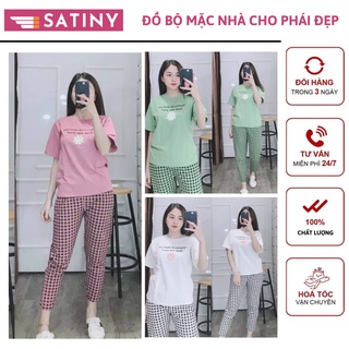 Đồ bộ nữ mặc nhà SATINY DB03 Đồ bộ thun Thêu Hoa Cúc mặc nhà cao cấp