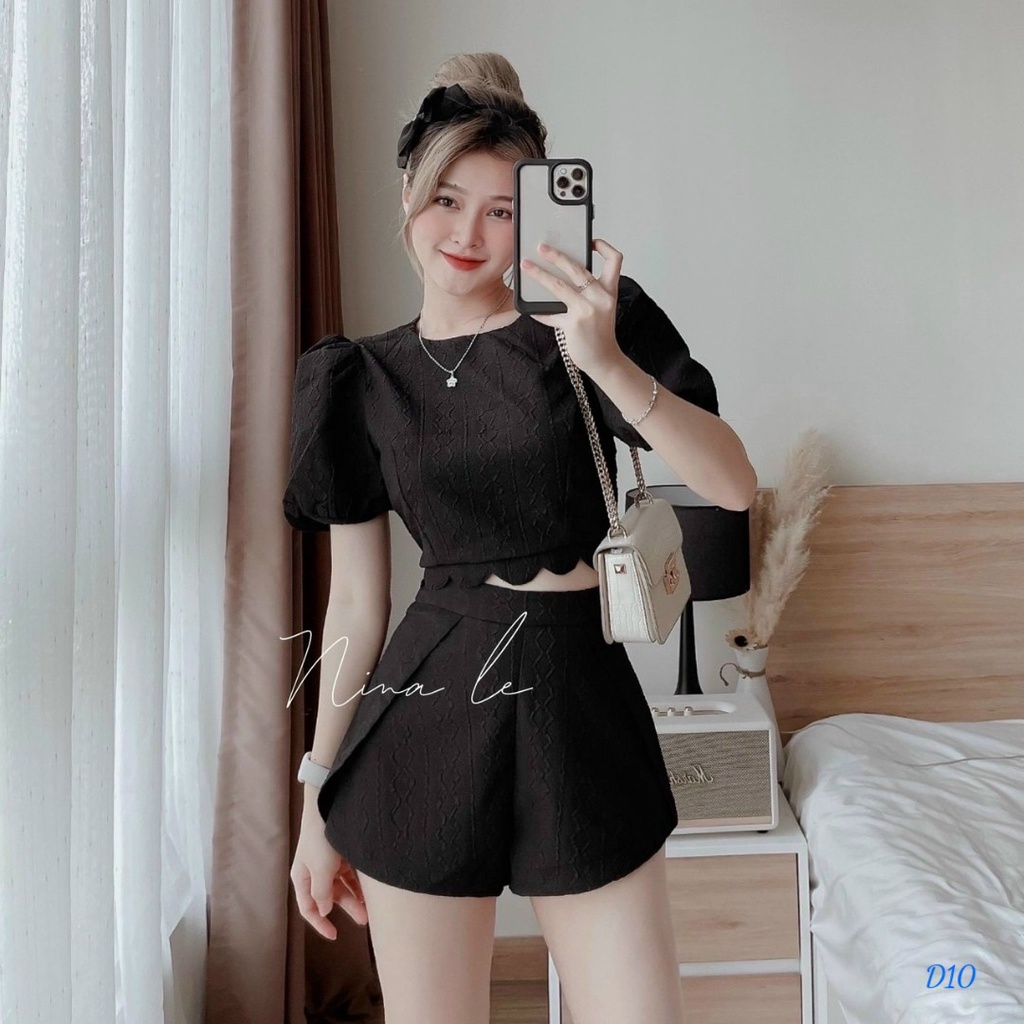 Set bộ đồ nữ đi chơi tiệc cá tính, set 2 món quần đùi lưng cao kèm áo croptop kiểu nữ hở lưng tay phồng độc đáo
